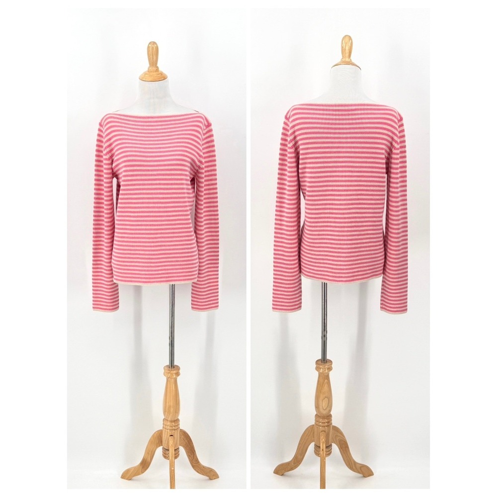 HARVEY FAIRCLOTH Striped Sweater Womens Small Pink Tan Boat Neck Shaker Knit